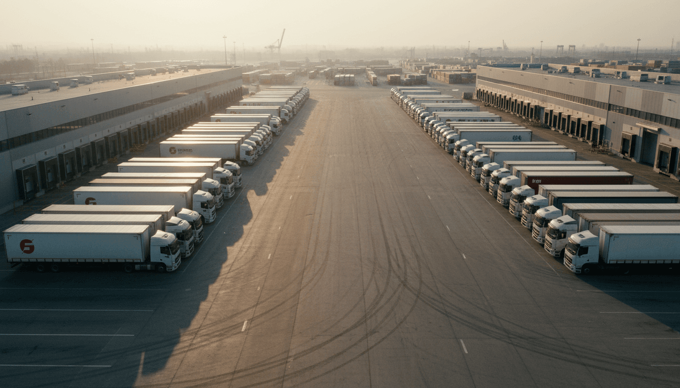 Freight container secured on cargo truck at distribution center
